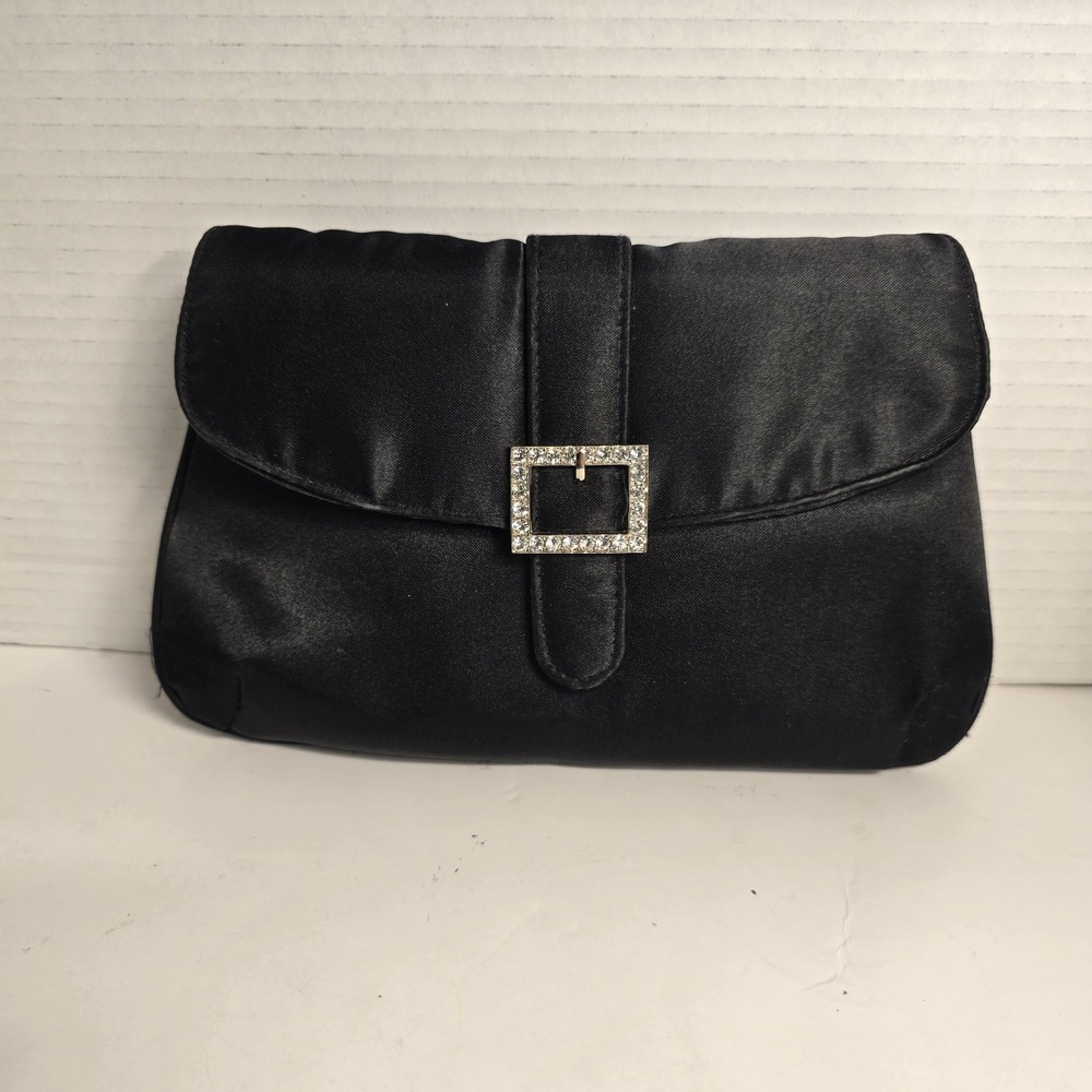Black Satin Clutch Evening Bag Rhinestone Buckle Wristlet Formal Party